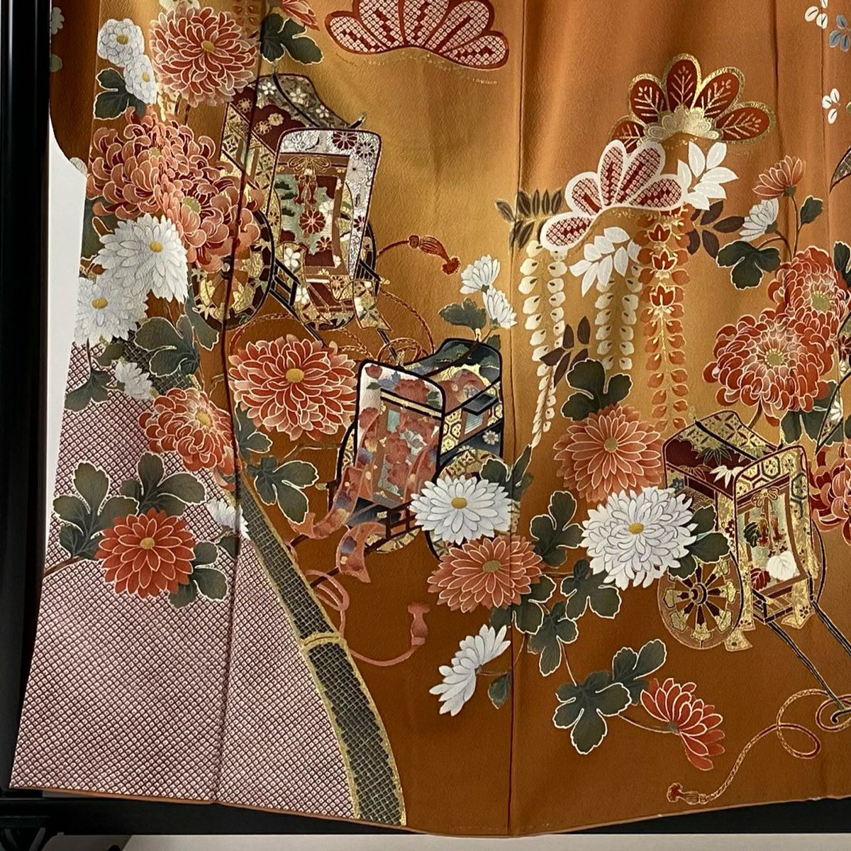 【庫存清倉】振袖禮服 身長157.5cm 袖長64cm M 雙層 御所車 菊花 金銀彩 漸層 橙色 純蠶絲 名品級