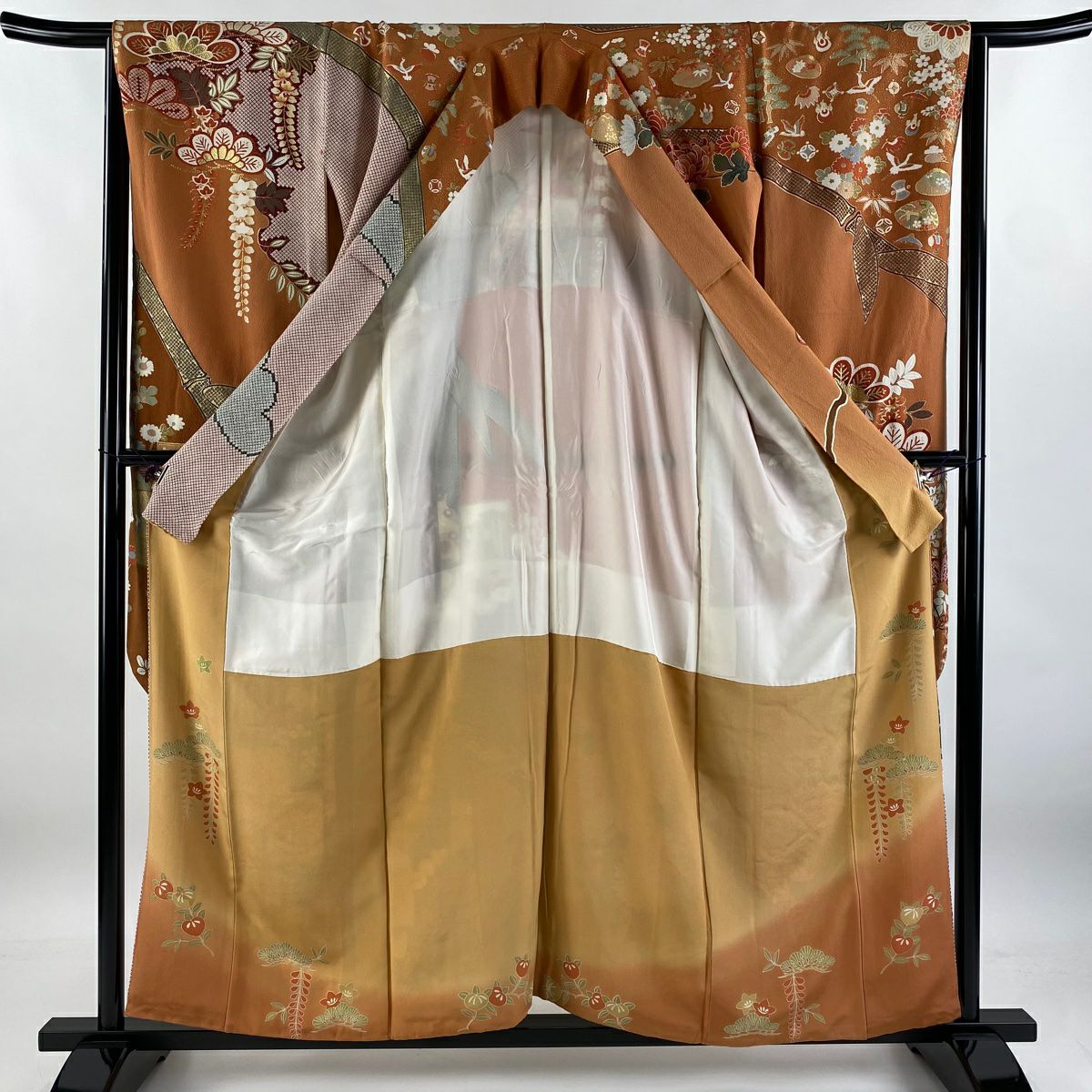 【庫存清倉】振袖禮服 身長157.5cm 袖長64cm M 雙層 御所車 菊花 金銀彩 漸層 橙色 純蠶絲 名品級