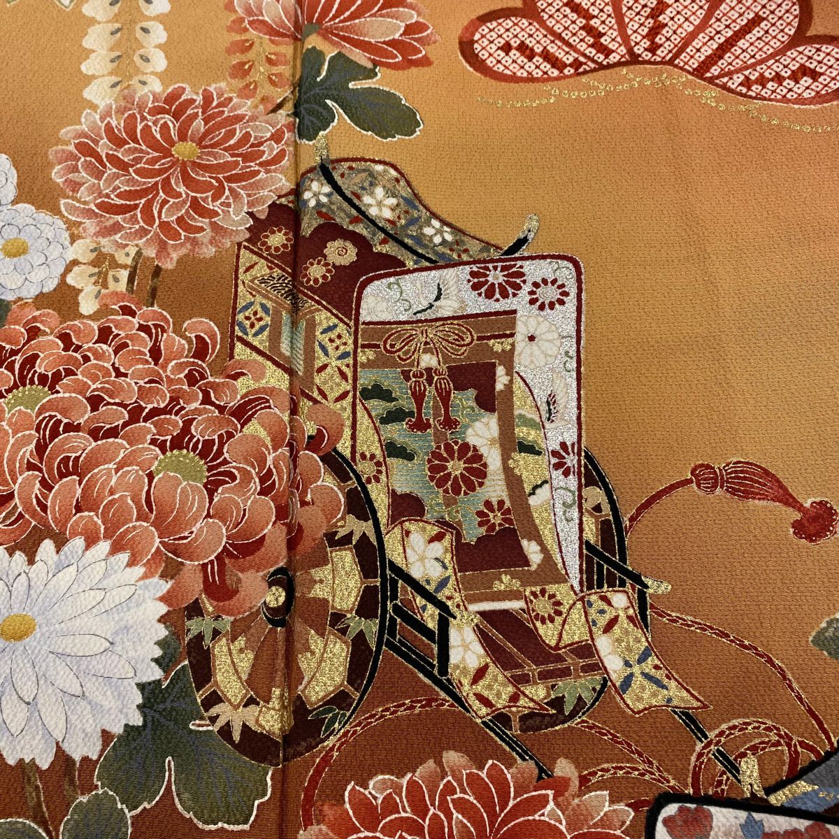 【庫存清倉】振袖禮服 身長157.5cm 袖長64cm M 雙層 御所車 菊花 金銀彩 漸層 橙色 純蠶絲 名品級
