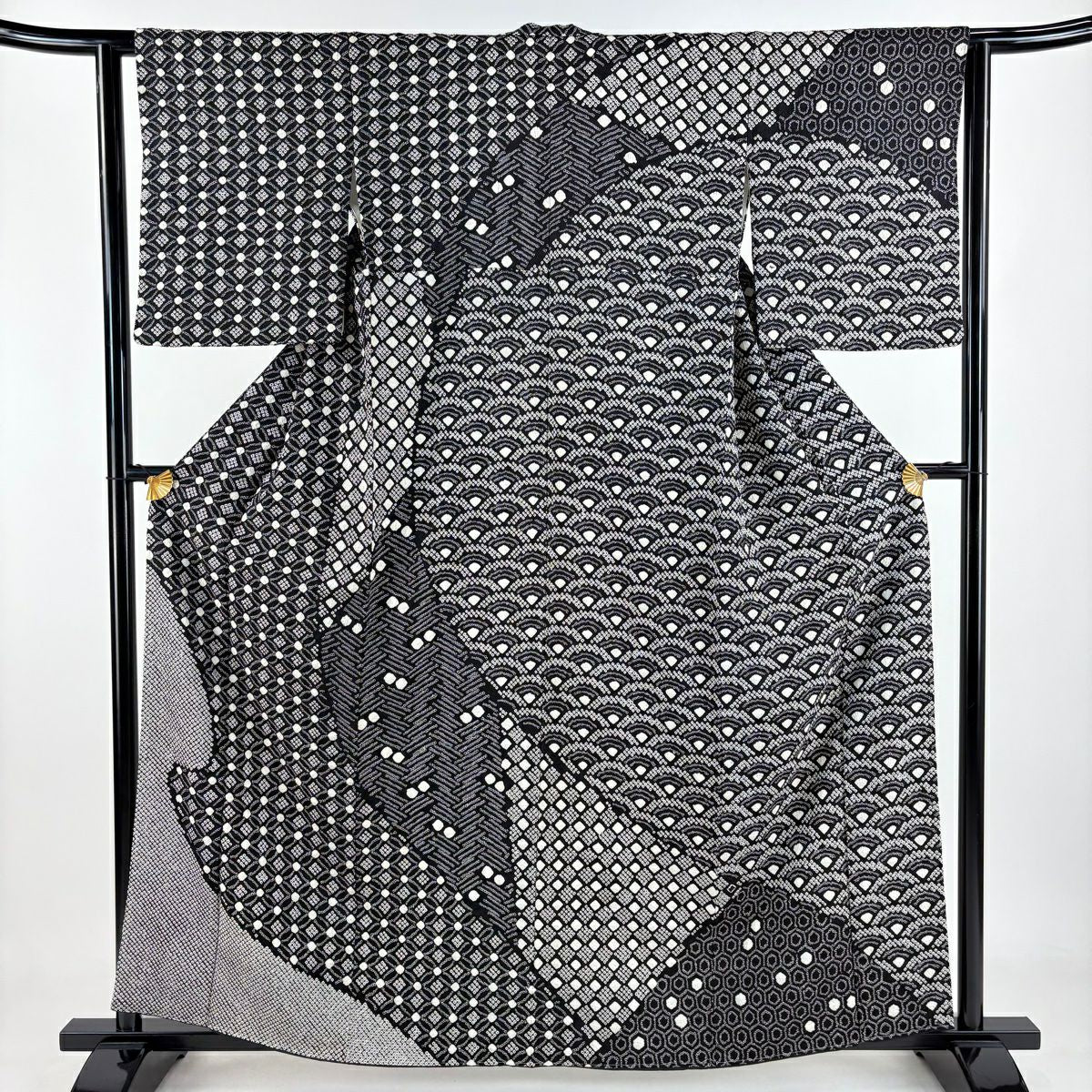 【庫存清倉】 【美品】 訪問服 身長160.5cm 袖長62cm S 雙層 七寶 青海波 絞染 黑 純蠶絲 名品級