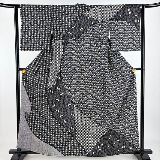 【庫存清倉】 【美品】 訪問服 身長160.5cm 袖長62cm S 雙層 七寶 青海波 絞染 黑 純蠶絲 名品級