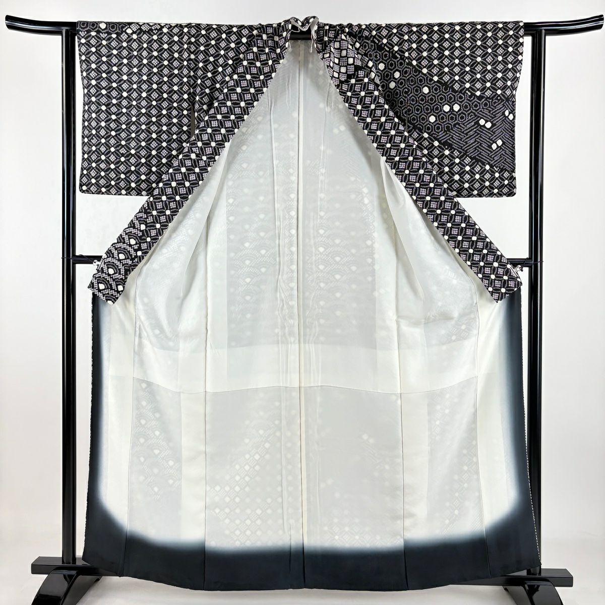 【庫存清倉】 【美品】 訪問服 身長160.5cm 袖長62cm S 雙層 七寶 青海波 絞染 黑 純蠶絲 名品級