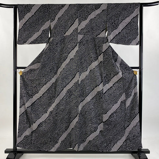 【庫存清倉】 【美品】 小紋 身長156.5cm 袖長63cm S 雙層 花紋 毘沙門龜甲 絞染 黑 純蠶絲 名品級