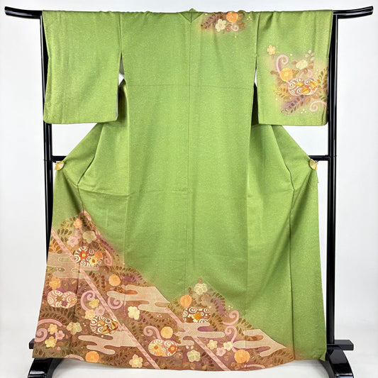 【庫存清倉】訪問服 身長167.5cm 袖長66.5cm M 雙層 草花紋紋 霞 金通刺繡 蓬色 純蠶絲 名品級