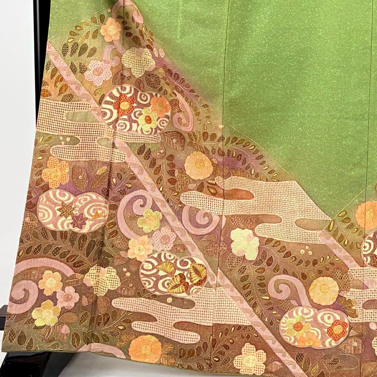 【庫存清倉】訪問服 身長167.5cm 袖長66.5cm M 雙層 草花紋紋 霞 金通刺繡 蓬色 純蠶絲 名品級