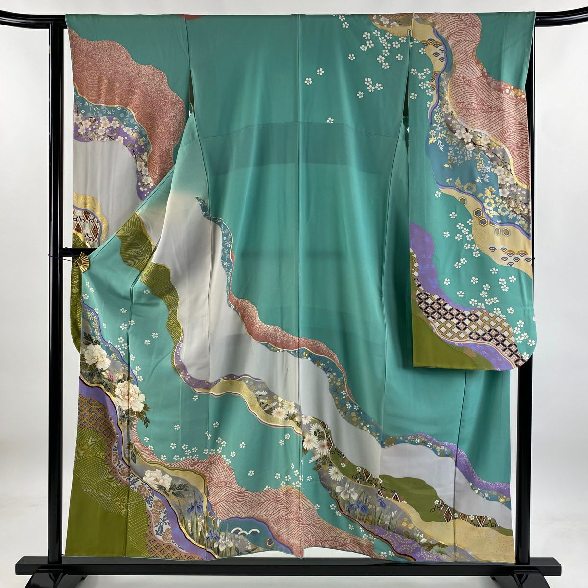 【清倉特賣】振袖禮服 身長154.5cm 袖長64cm M 雙層 牡丹 道長取 金銀彩 金絲 淺綠 純蠶絲 名品級