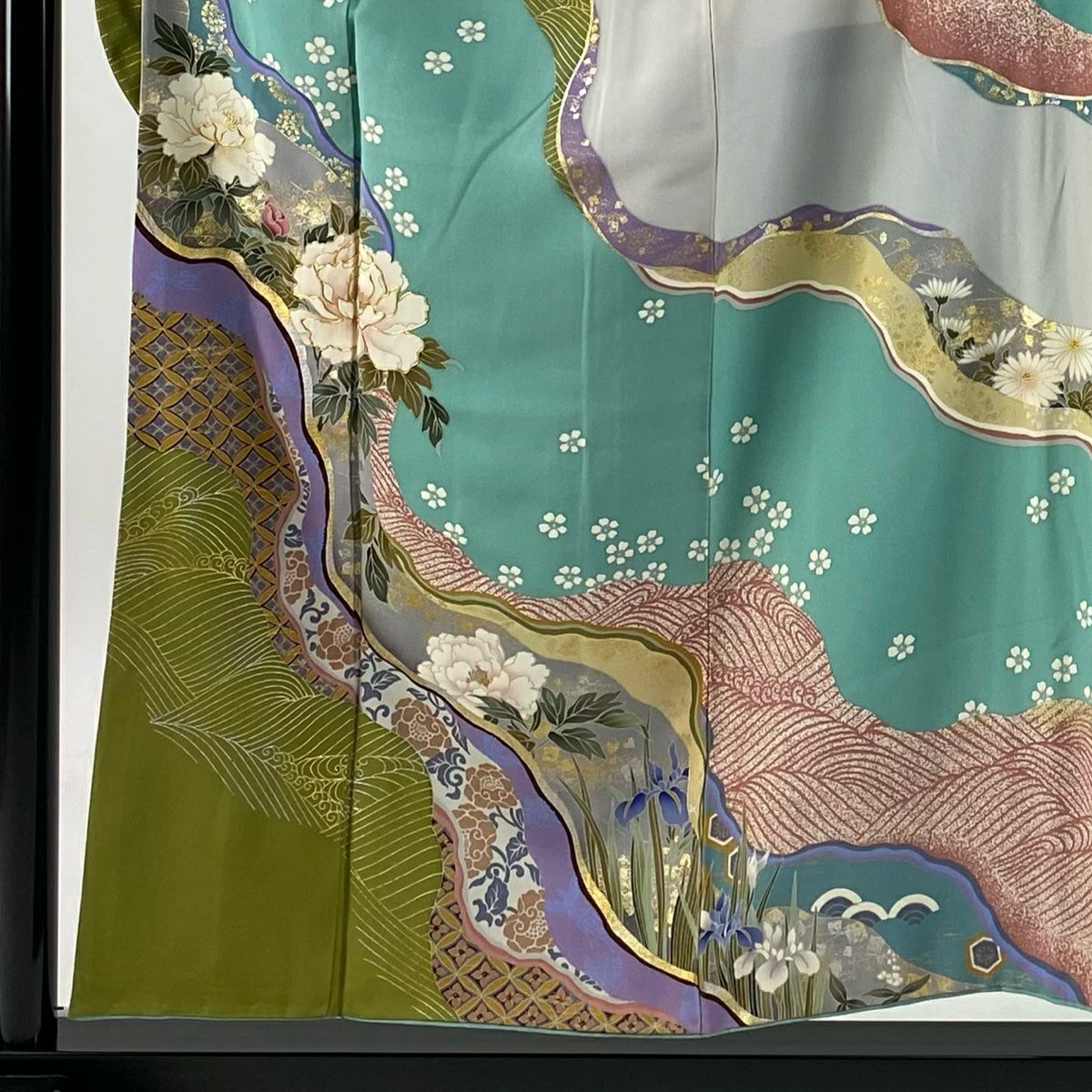 【清倉特賣】振袖禮服 身長154.5cm 袖長64cm M 雙層 牡丹 道長取 金銀彩 金絲 淺綠 純蠶絲 名品級