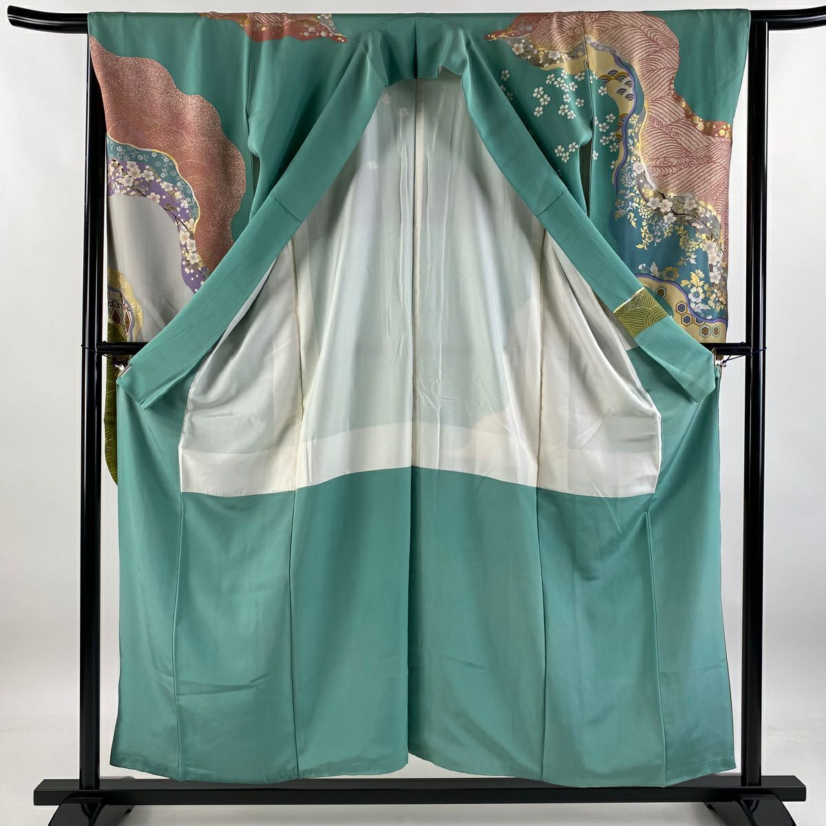 【清倉特賣】振袖禮服 身長154.5cm 袖長64cm M 雙層 牡丹 道長取 金銀彩 金絲 淺綠 純蠶絲 名品級