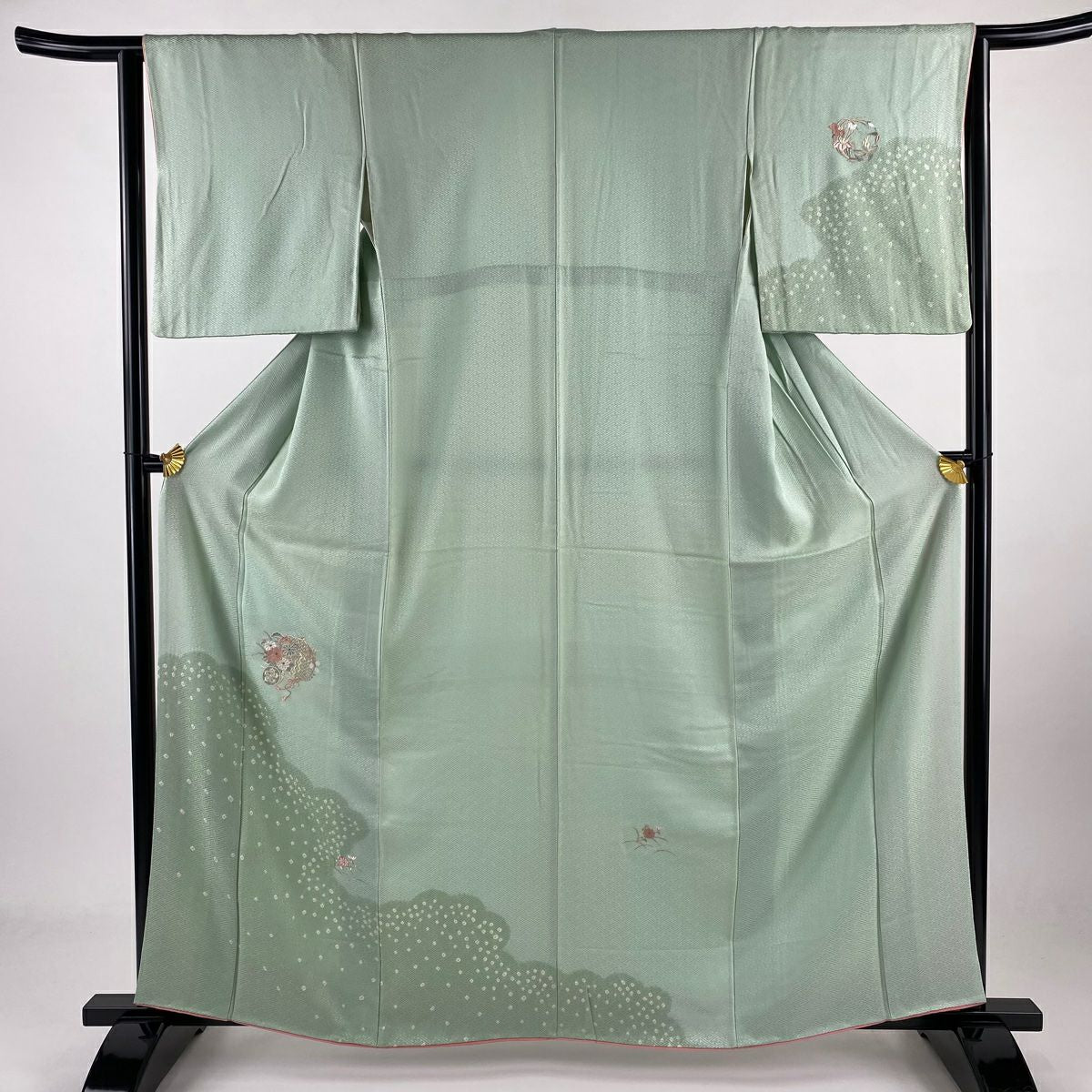 付下 身長160.5cm 袖長64cm M 雙層 花車 雲紋 刺繡 絞染 薄綠 純蠶絲 優品級