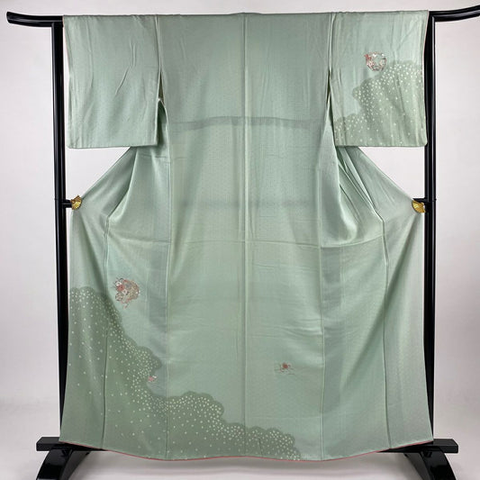 付下 身長160.5cm 袖長64cm M 雙層 花車 雲紋 刺繡 絞染 薄綠 純蠶絲 優品級