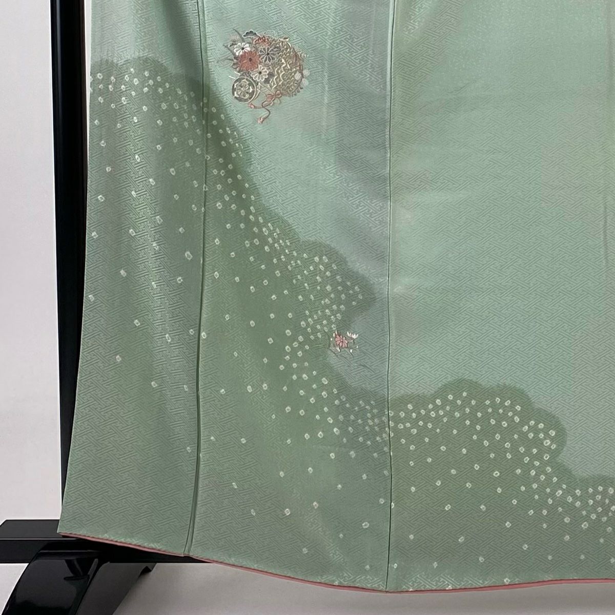 付下 身長160.5cm 袖長64cm M 雙層 花車 雲紋 刺繡 絞染 薄綠 純蠶絲 優品級