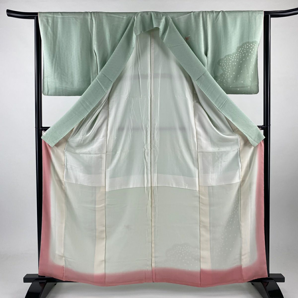 付下 身長160.5cm 袖長64cm M 雙層 花車 雲紋 刺繡 絞染 薄綠 純蠶絲 優品級