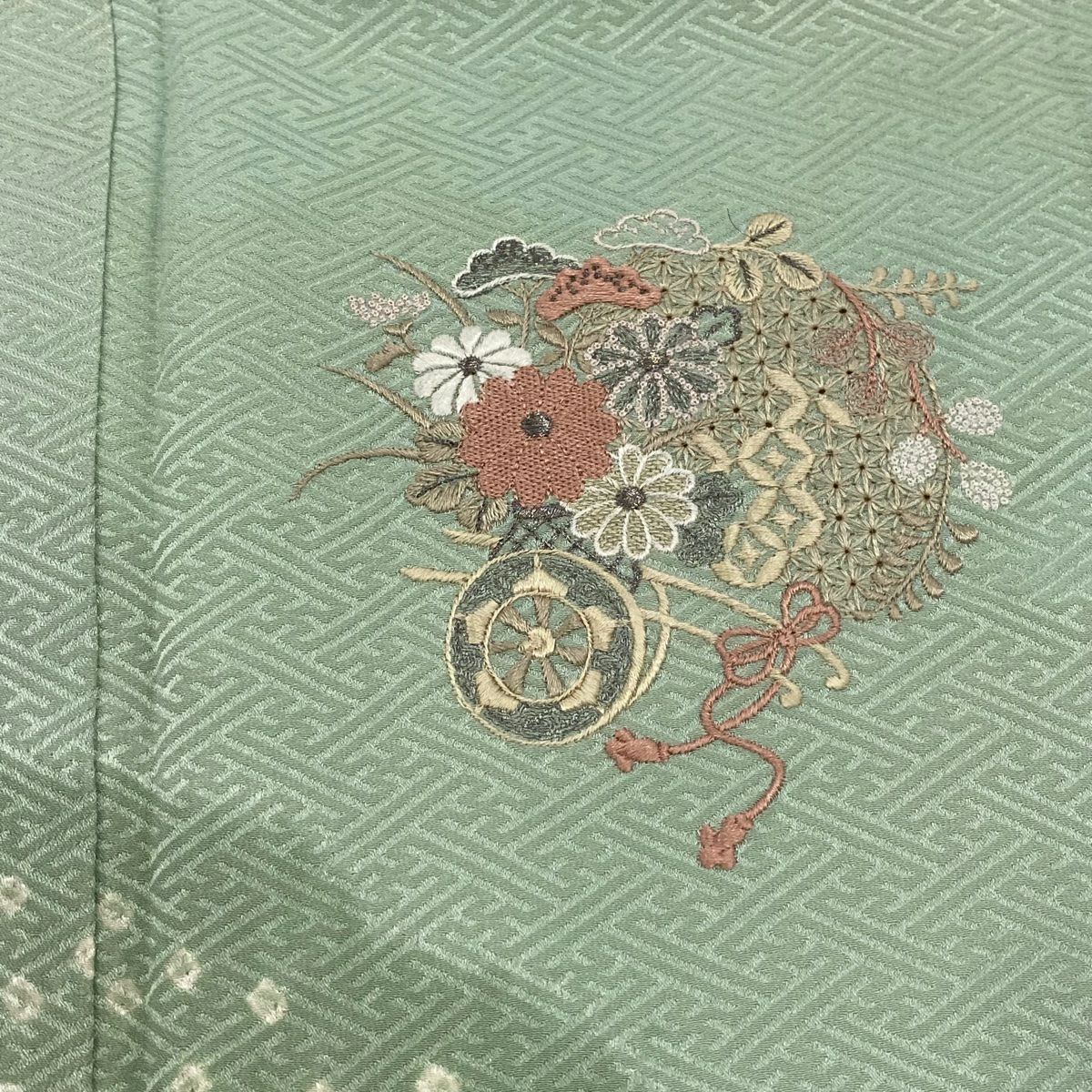 付下 身長160.5cm 袖長64cm M 雙層 花車 雲紋 刺繡 絞染 薄綠 純蠶絲 優品級