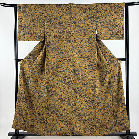 【美品】 小紋 身長157cm 袖長61.5cm S 雙層 家屋 菊花 金銀彩 山吹茶 純蠶絲 秀品級