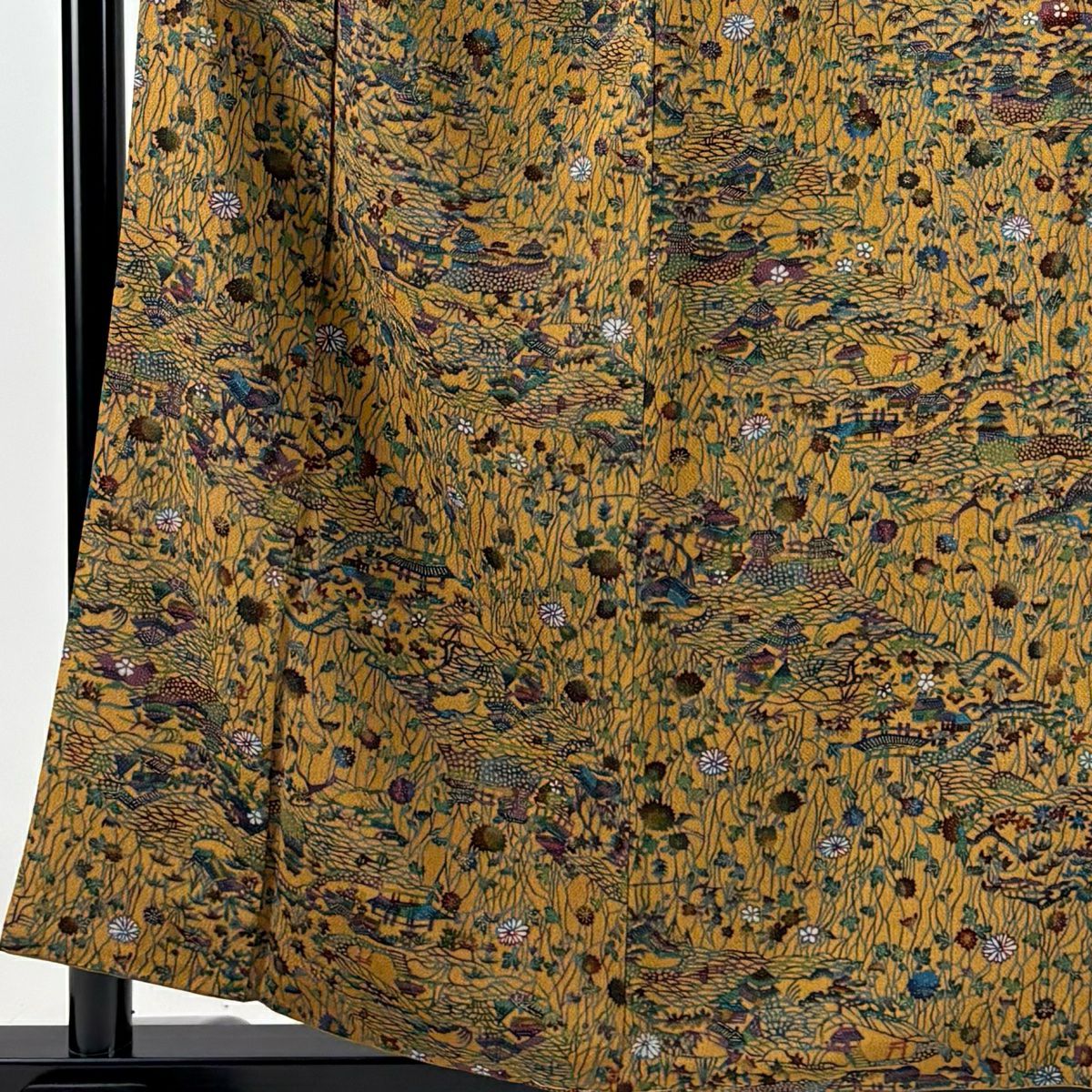 【美品】 小紋 身長157cm 袖長61.5cm S 雙層 家屋 菊花 金銀彩 山吹茶 純蠶絲 秀品級