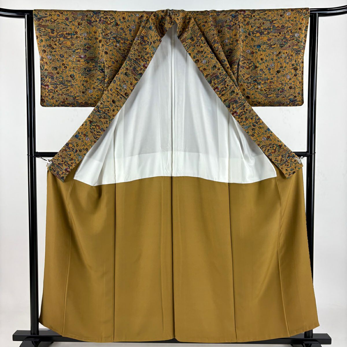 【美品】 小紋 身長157cm 袖長61.5cm S 雙層 家屋 菊花 金銀彩 山吹茶 純蠶絲 秀品級
