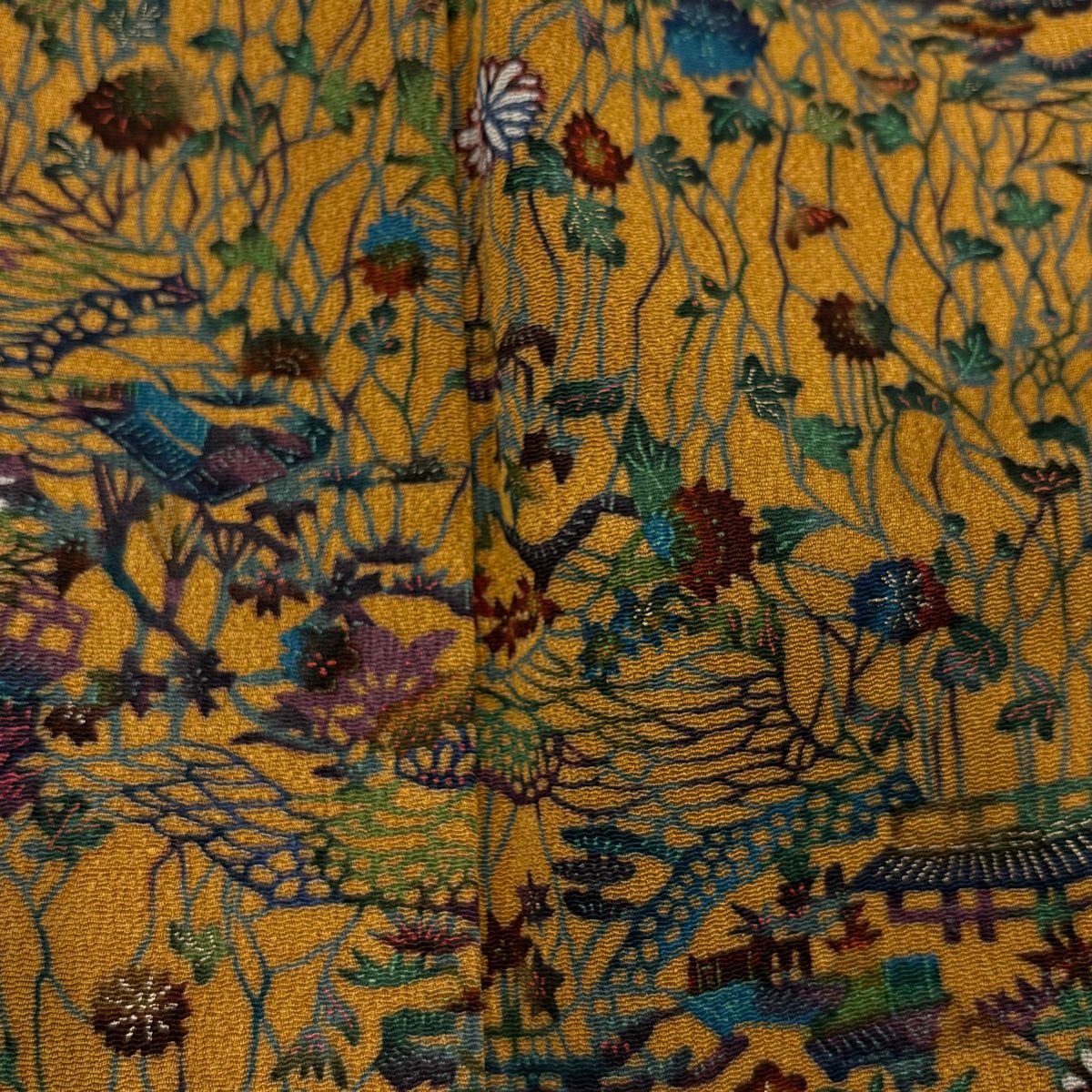 【美品】 小紋 身長157cm 袖長61.5cm S 雙層 家屋 菊花 金銀彩 山吹茶 純蠶絲 秀品級