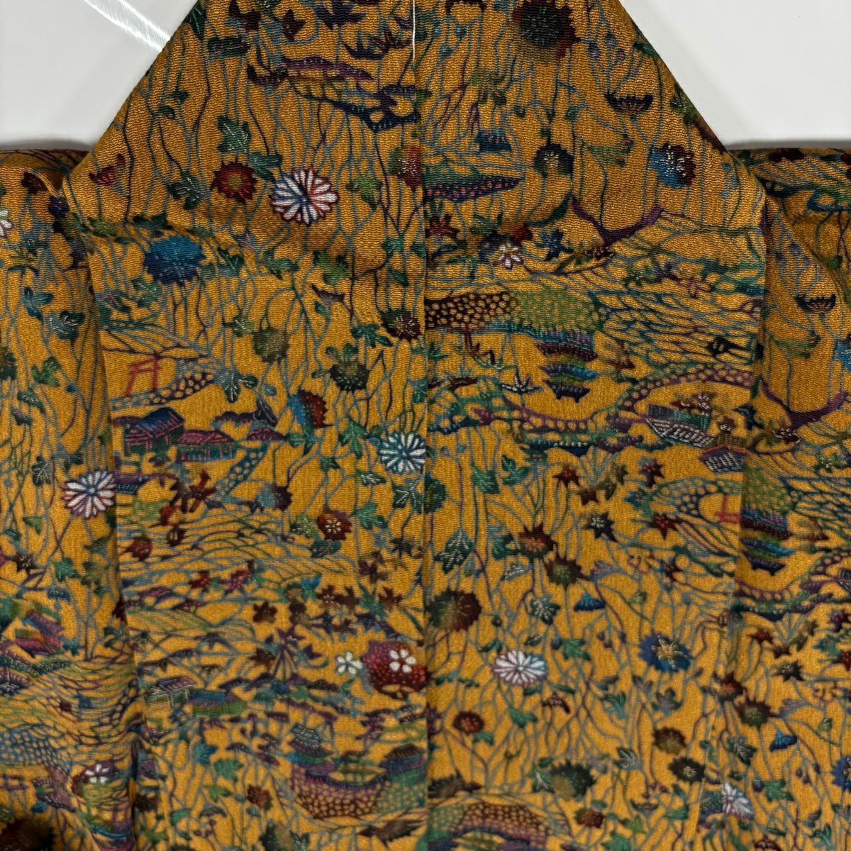 【美品】 小紋 身長157cm 袖長61.5cm S 雙層 家屋 菊花 金銀彩 山吹茶 純蠶絲 秀品級