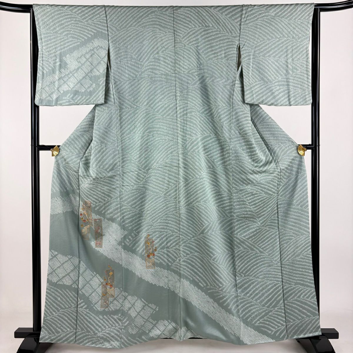 付下 身長160cm 袖長63cm S 雙層 短冊 菊花 刺繡 絞染 灰綠 純蠶絲 秀品級