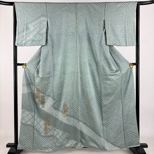 付下 身長160cm 袖長63cm S 雙層 短冊 菊花 刺繡 絞染 灰綠 純蠶絲 秀品級