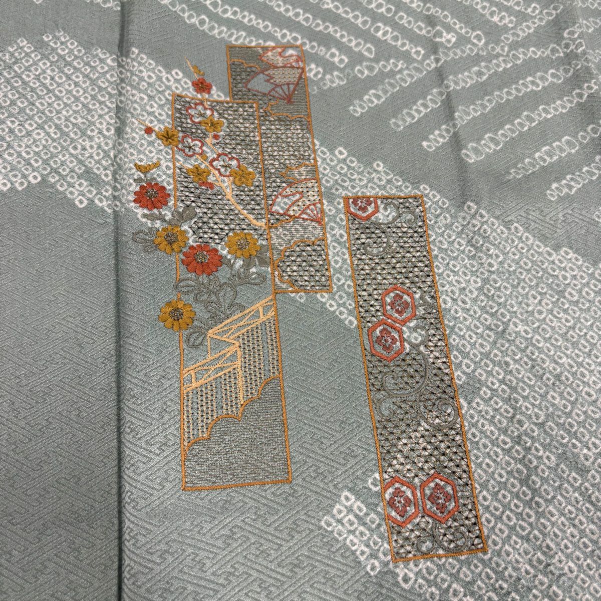付下 身長160cm 袖長63cm S 雙層 短冊 菊花 刺繡 絞染 灰綠 純蠶絲 秀品級