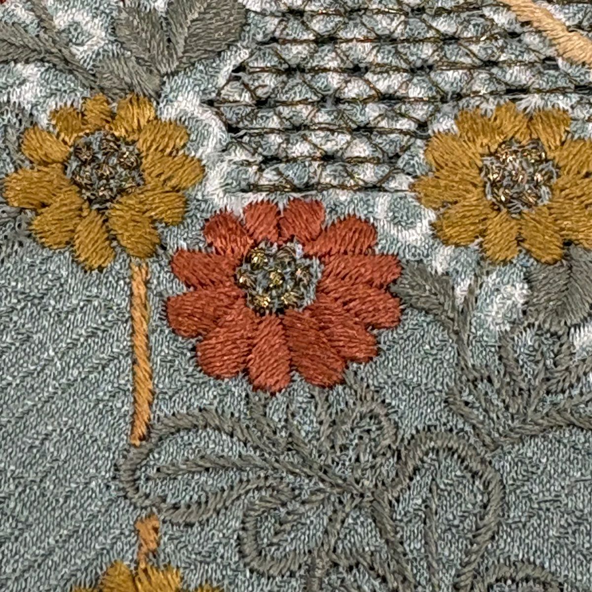 付下 身長160cm 袖長63cm S 雙層 短冊 菊花 刺繡 絞染 灰綠 純蠶絲 秀品級