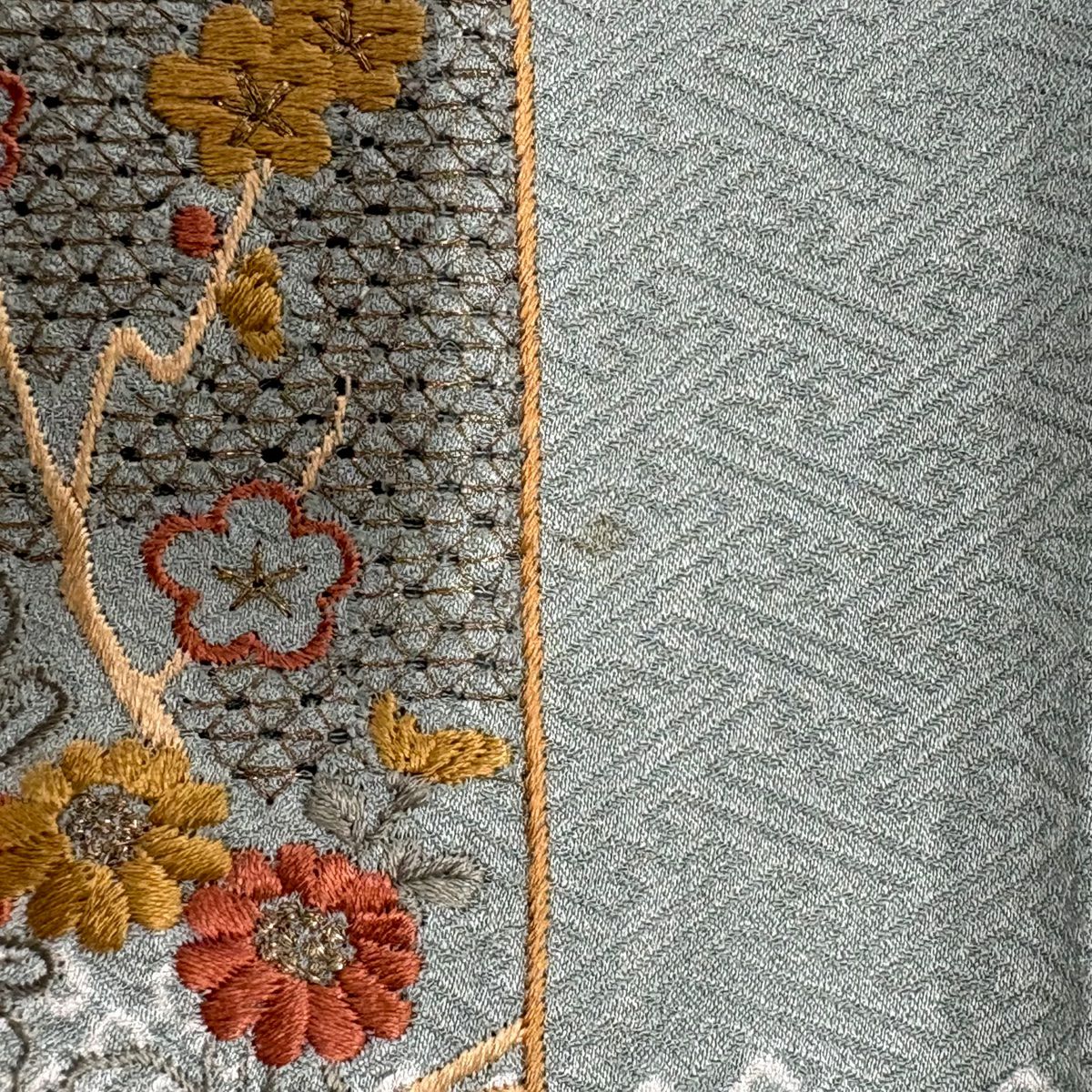 付下 身長160cm 袖長63cm S 雙層 短冊 菊花 刺繡 絞染 灰綠 純蠶絲 秀品級