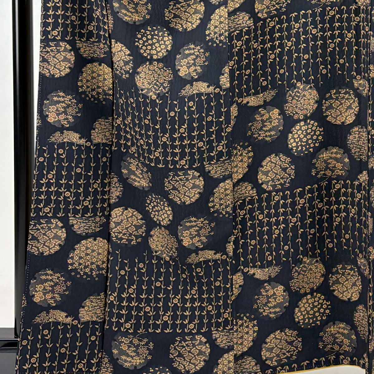 小紋 身長162cm 袖長63cm S 雙層 雪輪 草花紋紋 黑 純蠶絲 秀品級
