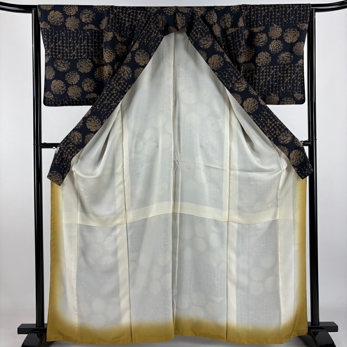 小紋 身長162cm 袖長63cm S 雙層 雪輪 草花紋紋 黑 純蠶絲 秀品級