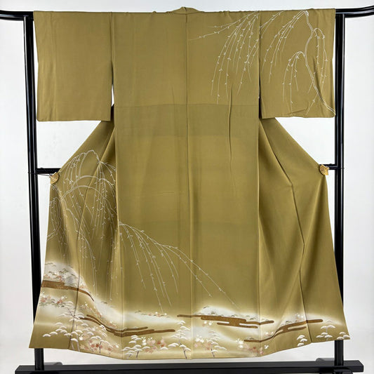 訪問服 身長150cm 袖長63cm S 雙層 風景 柳 金銀彩 漸層 茶 純蠶絲 秀品級