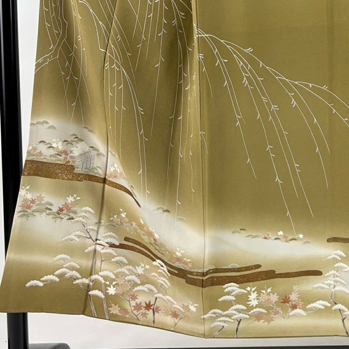 訪問服 身長150cm 袖長63cm S 雙層 風景 柳 金銀彩 漸層 茶 純蠶絲 秀品級