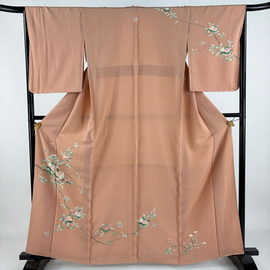 【美品】訪問服 身長162cm 袖長63cm S 雙層 落款あり 枝花 鮭粉色 純蠶絲 秀品級 一つ紋