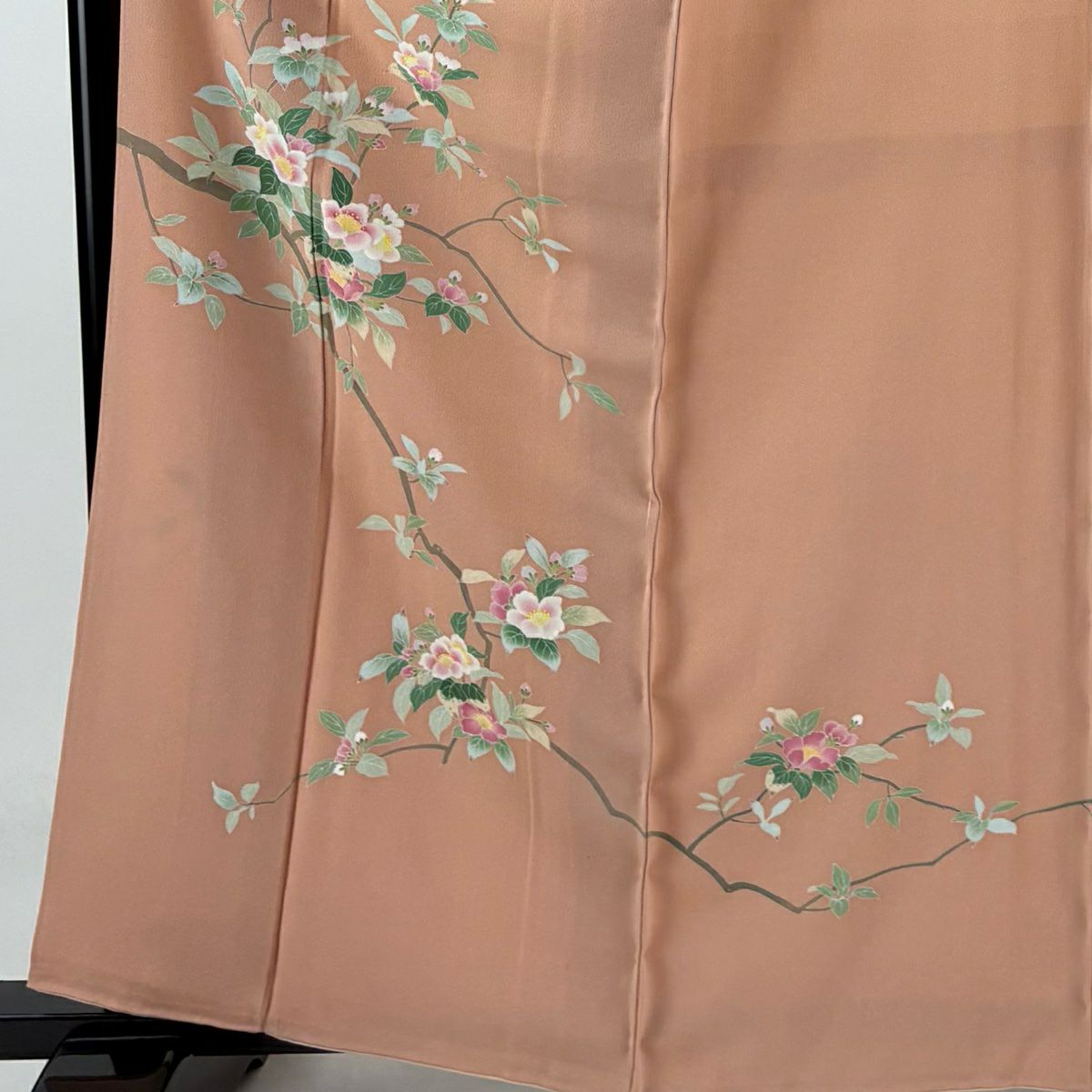 【美品】訪問服 身長162cm 袖長63cm S 雙層 落款あり 枝花 鮭粉色 純蠶絲 秀品級 一つ紋