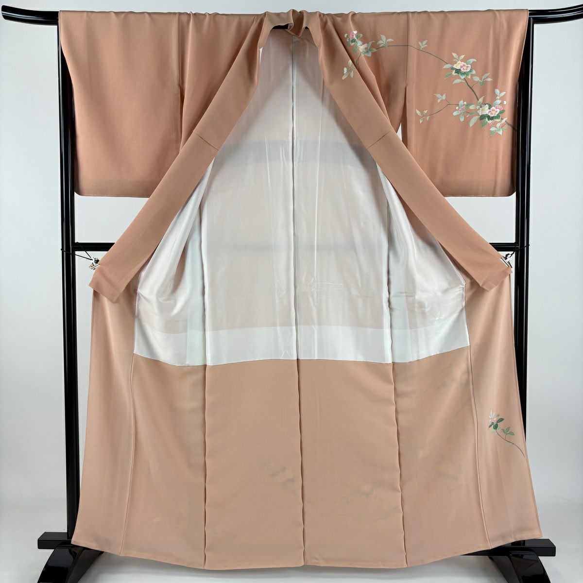 【美品】訪問服 身長162cm 袖長63cm S 雙層 落款あり 枝花 鮭粉色 純蠶絲 秀品級 一つ紋