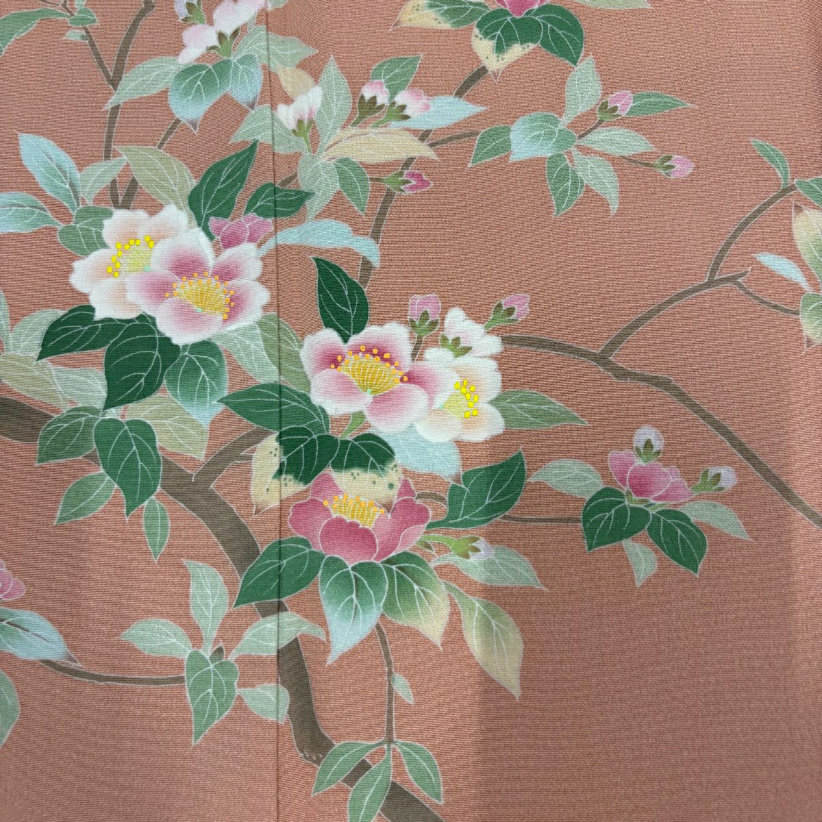 【美品】訪問服 身長162cm 袖長63cm S 雙層 落款あり 枝花 鮭粉色 純蠶絲 秀品級 一つ紋