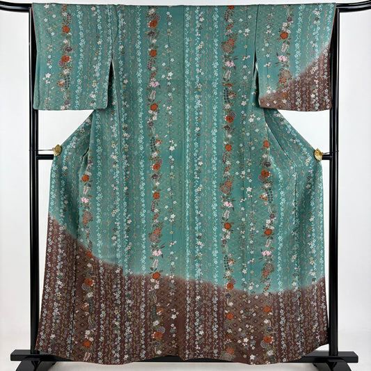 【美品】 付下 身長156cm 袖長65cm M 雙層 草花紋紋 金彩裝飾 染分 灰綠 純蠶絲 秀品級