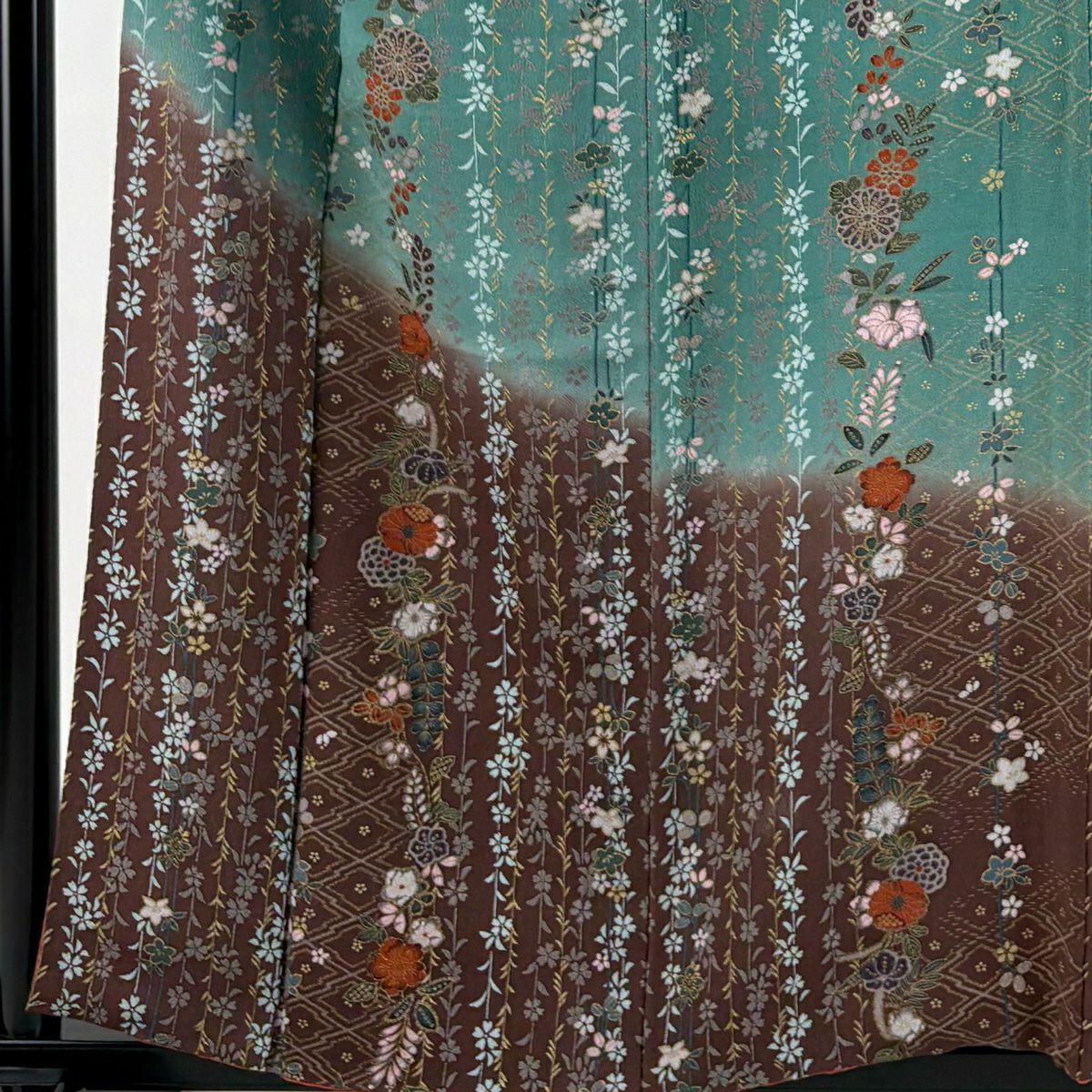 【美品】 付下 身長156cm 袖長65cm M 雙層 草花紋紋 金彩裝飾 染分 灰綠 純蠶絲 秀品級