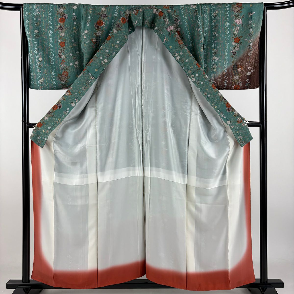 【美品】 付下 身長156cm 袖長65cm M 雙層 草花紋紋 金彩裝飾 染分 灰綠 純蠶絲 秀品級