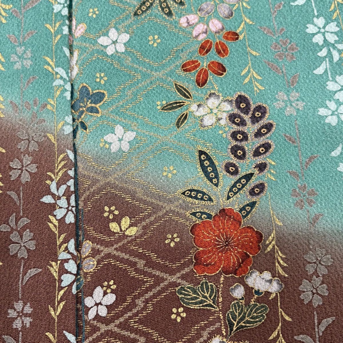 【美品】 付下 身長156cm 袖長65cm M 雙層 草花紋紋 金彩裝飾 染分 灰綠 純蠶絲 秀品級