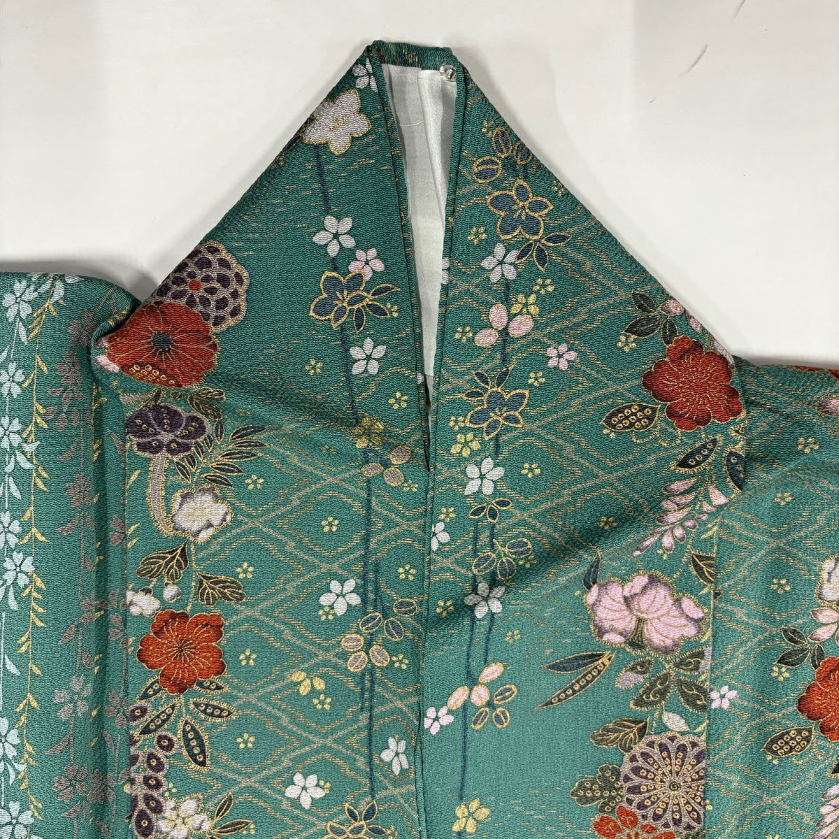【美品】 付下 身長156cm 袖長65cm M 雙層 草花紋紋 金彩裝飾 染分 灰綠 純蠶絲 秀品級