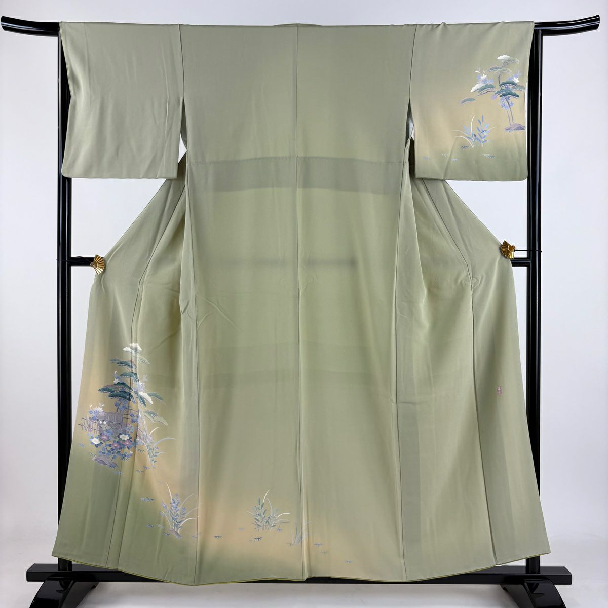付下 身長155.5cm 袖長65cm M 雙層 落款 松樹 草花紋紋 漸層 抹茶 純蠶絲 秀品級