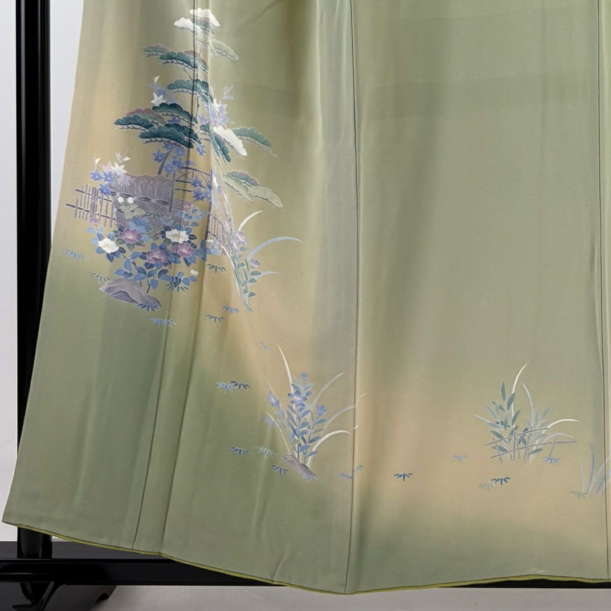 付下 身長155.5cm 袖長65cm M 雙層 落款 松樹 草花紋紋 漸層 抹茶 純蠶絲 秀品級