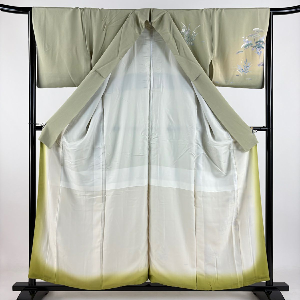 付下 身長155.5cm 袖長65cm M 雙層 落款 松樹 草花紋紋 漸層 抹茶 純蠶絲 秀品級