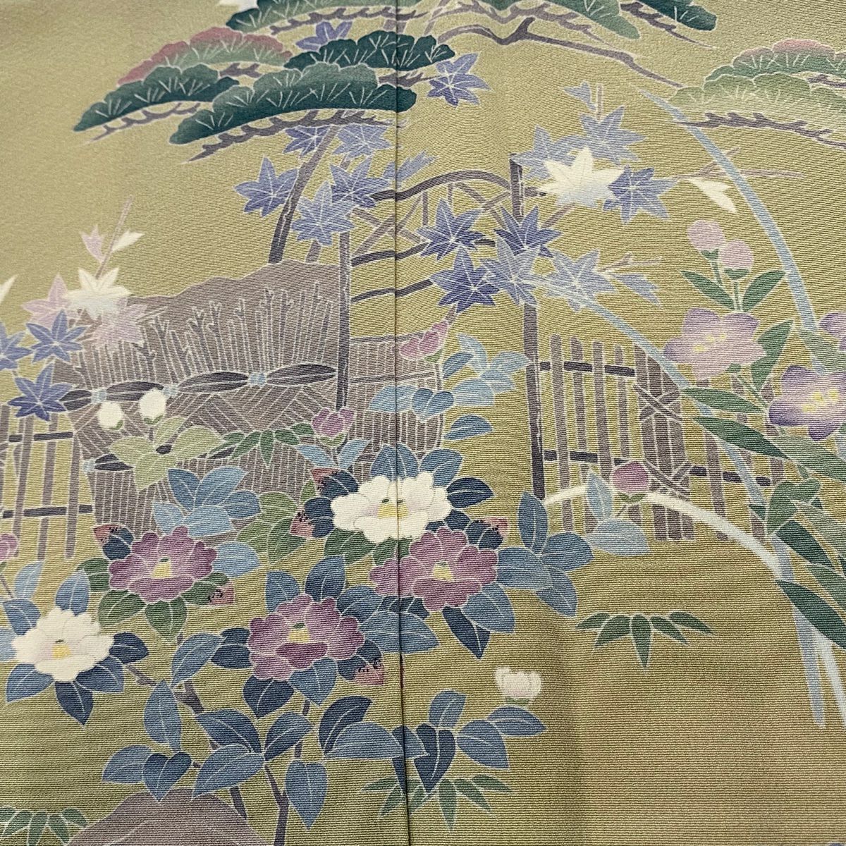 付下 身長155.5cm 袖長65cm M 雙層 落款 松樹 草花紋紋 漸層 抹茶 純蠶絲 秀品級
