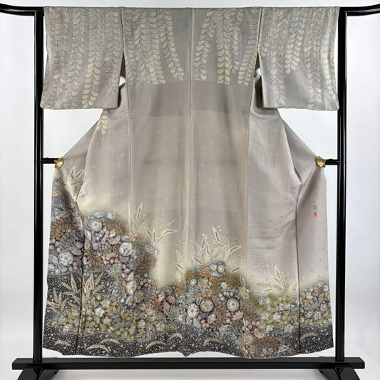 【美品】訪問服 身長154cm 袖長63cm S 雙層 吉乃一廉 落款あり 辻花染 芝 金銀彩 灰紫 純蠶絲 逸品級