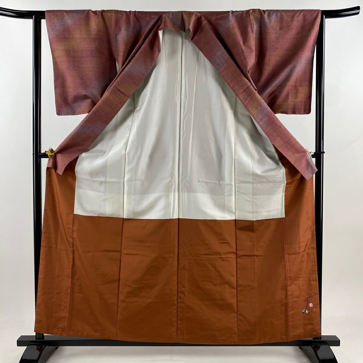 【美品】 紬織 身長160.5cm 袖長63.5cm S 雙層 斜暈染圖案 紅茶 純蠶絲 逸品級