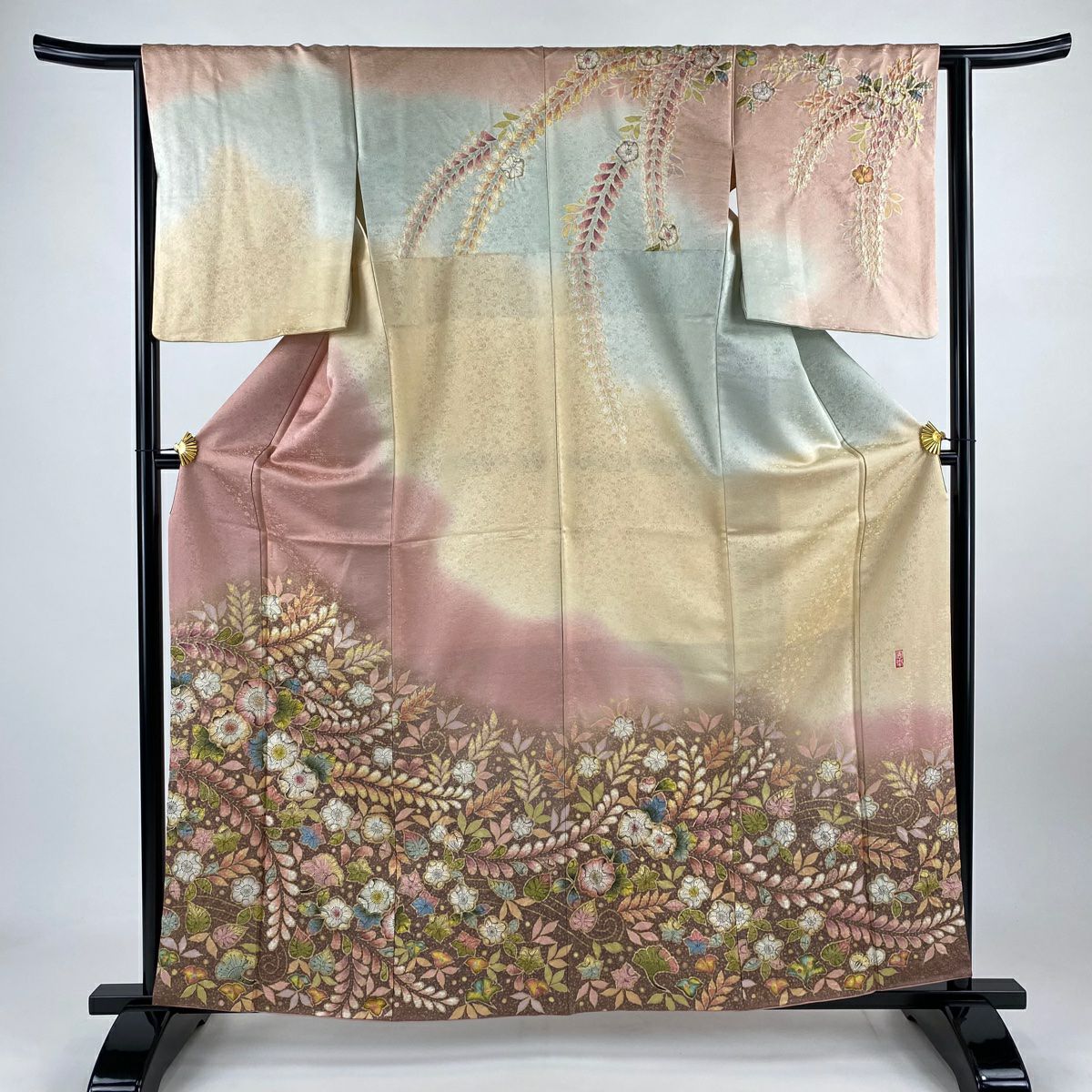 訪問服 身長160.5cm 袖長64cm M 雙層 徳永憲峯 落款あり 辻花染 金銀彩 染分 粉紅 純蠶絲 逸品級