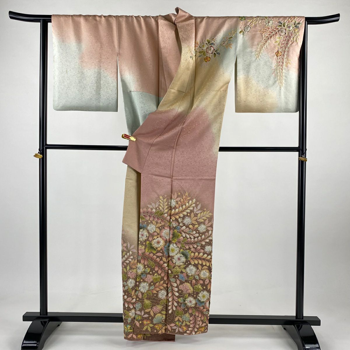 訪問服 身長160.5cm 袖長64cm M 雙層 徳永憲峯 落款あり 辻花染 金銀彩 染分 粉紅 純蠶絲 逸品級