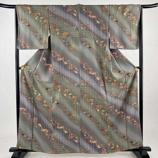 【美品】 小紋 身長160cm 袖長66cm M 雙層 扇子子 枝梅花 金銀彩 灰綠 純蠶絲 優品級