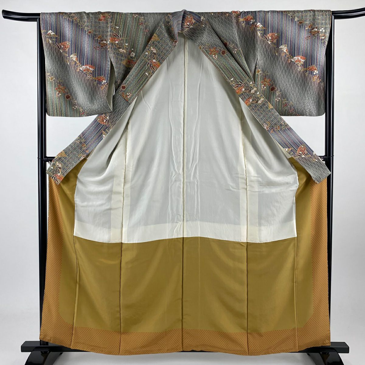 【美品】 小紋 身長160cm 袖長66cm M 雙層 扇子子 枝梅花 金銀彩 灰綠 純蠶絲 優品級